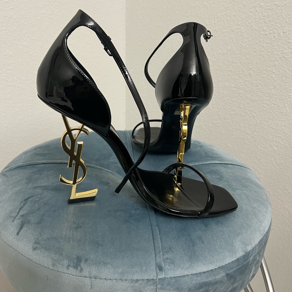 Saint Laurent Opyum Sandals in Patent Leather with Gold-tone Heel - Picture 2 of 6